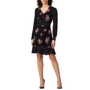 Boden Ivy Long Sleeves Mini Dress in Black Posy Button Front Ruffle Hem size 14